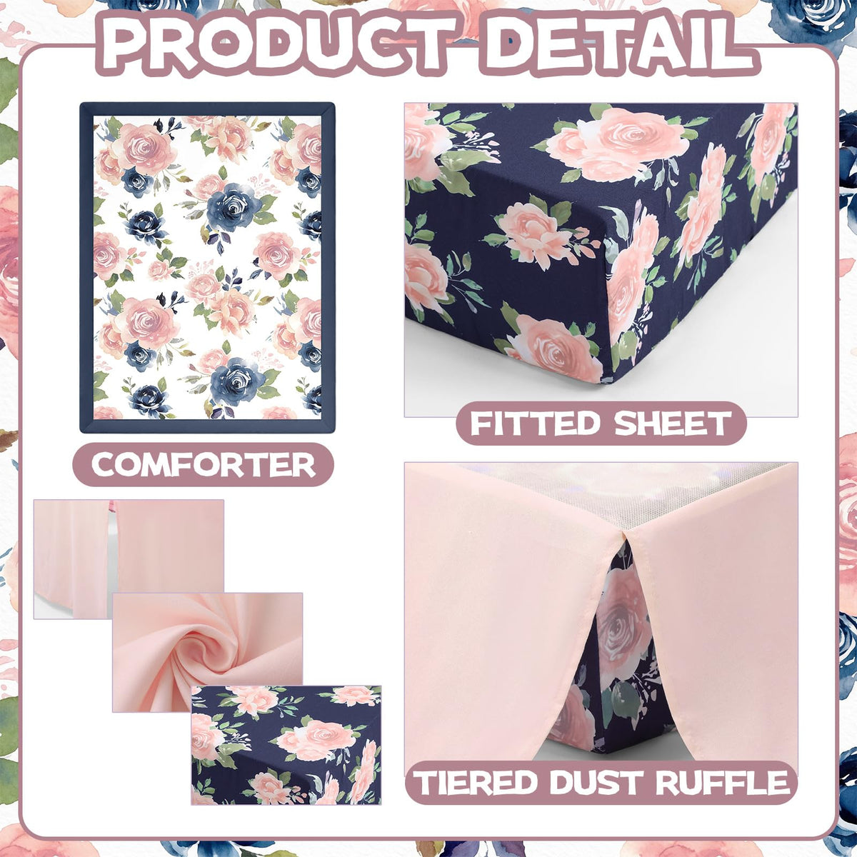 3 Pcs Navy and Pink Floral Crib Bedding Set for Girl
