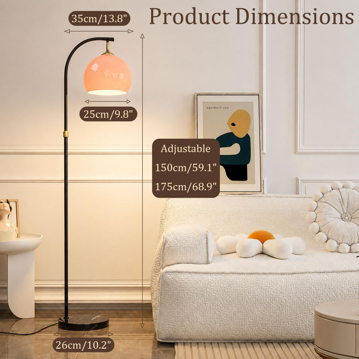 Inspired Arco Style Pink Arc Floor Lamp with Natural Marble Base, Mid Century Modern