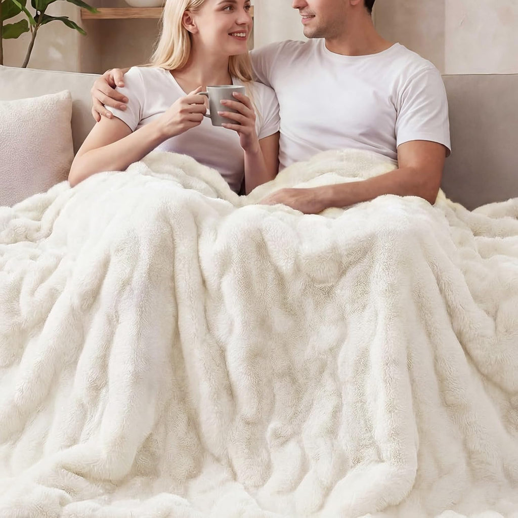 Light Beige Twin Fuzzy Faux Fur Throw Blanket for Couch Bedroom Living Room Furry Soft Fluffy Bed 60x80 Thick Warm