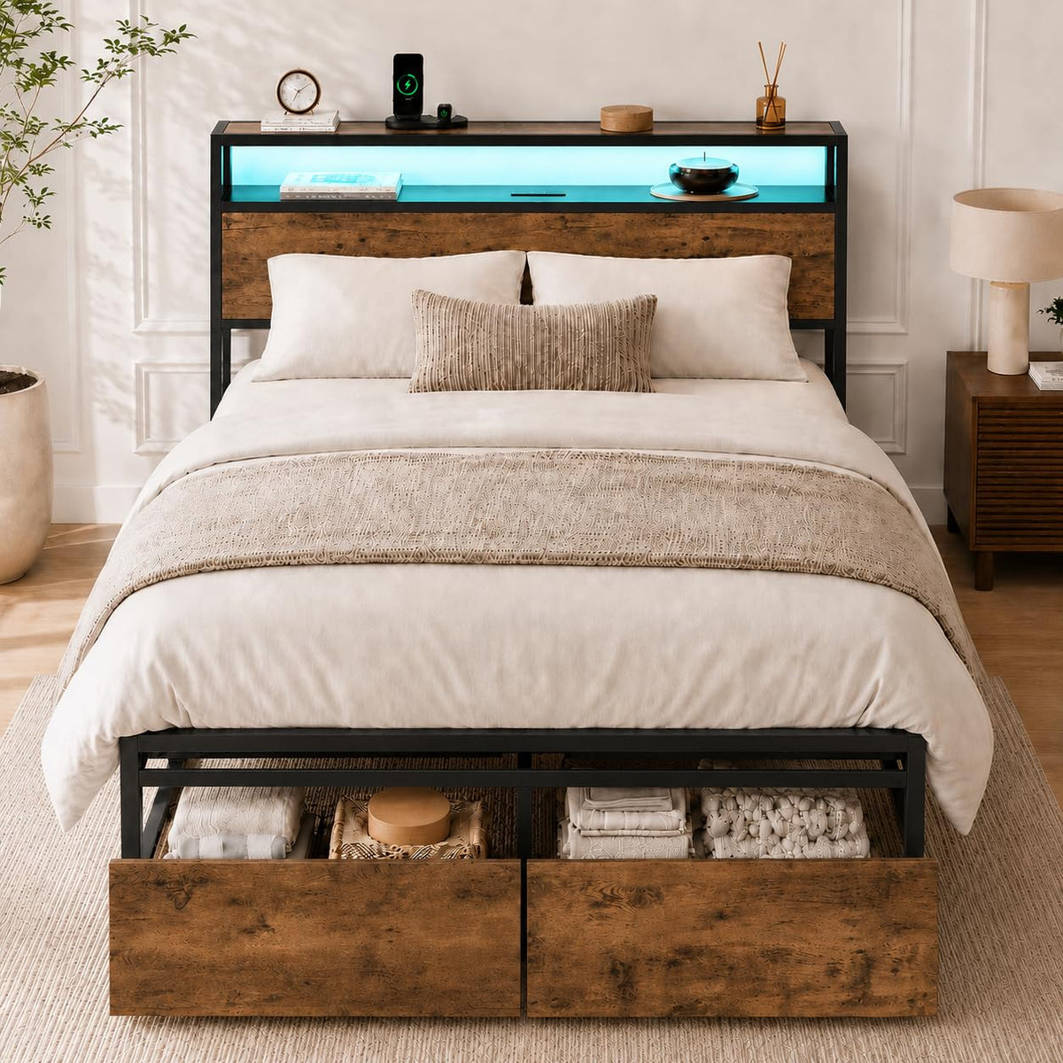 Full Size Bed Frame with Storage Drawers, Bed Frame Full Size with Headboard, LED Light, Charging Station with 3 USB