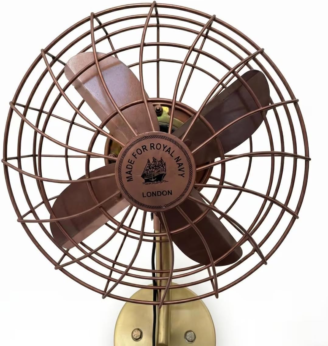 Royal Navy London Style Wall Fan, 14 Inch, Antique Copper and Brushed Brass Finish, Vintage Nautical Industrial