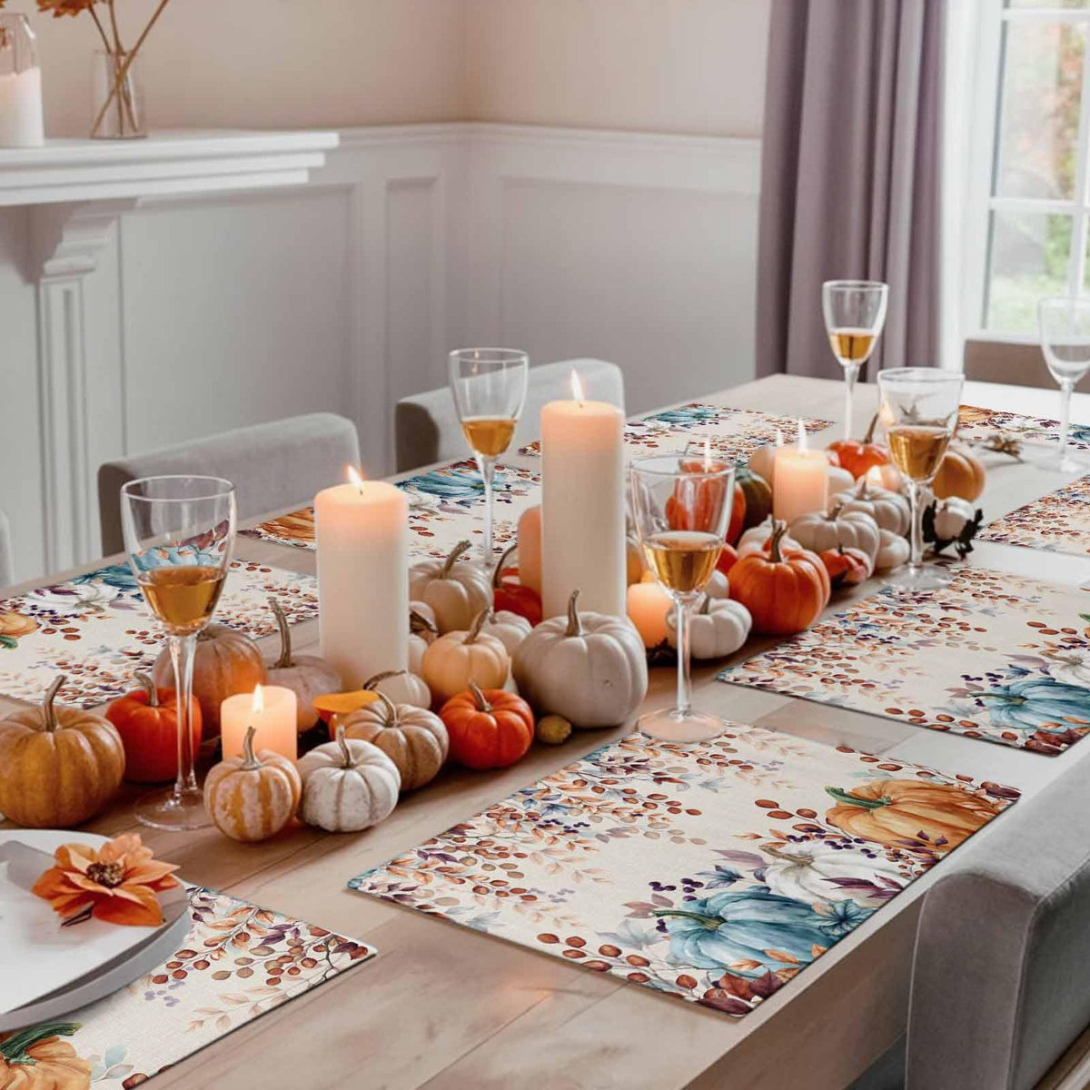 Fall Thanksgiving Placemats Set of 6, Watercolor Autumn Pumpkins Eucalyptus Leaves Heat Resistant Washable Linen