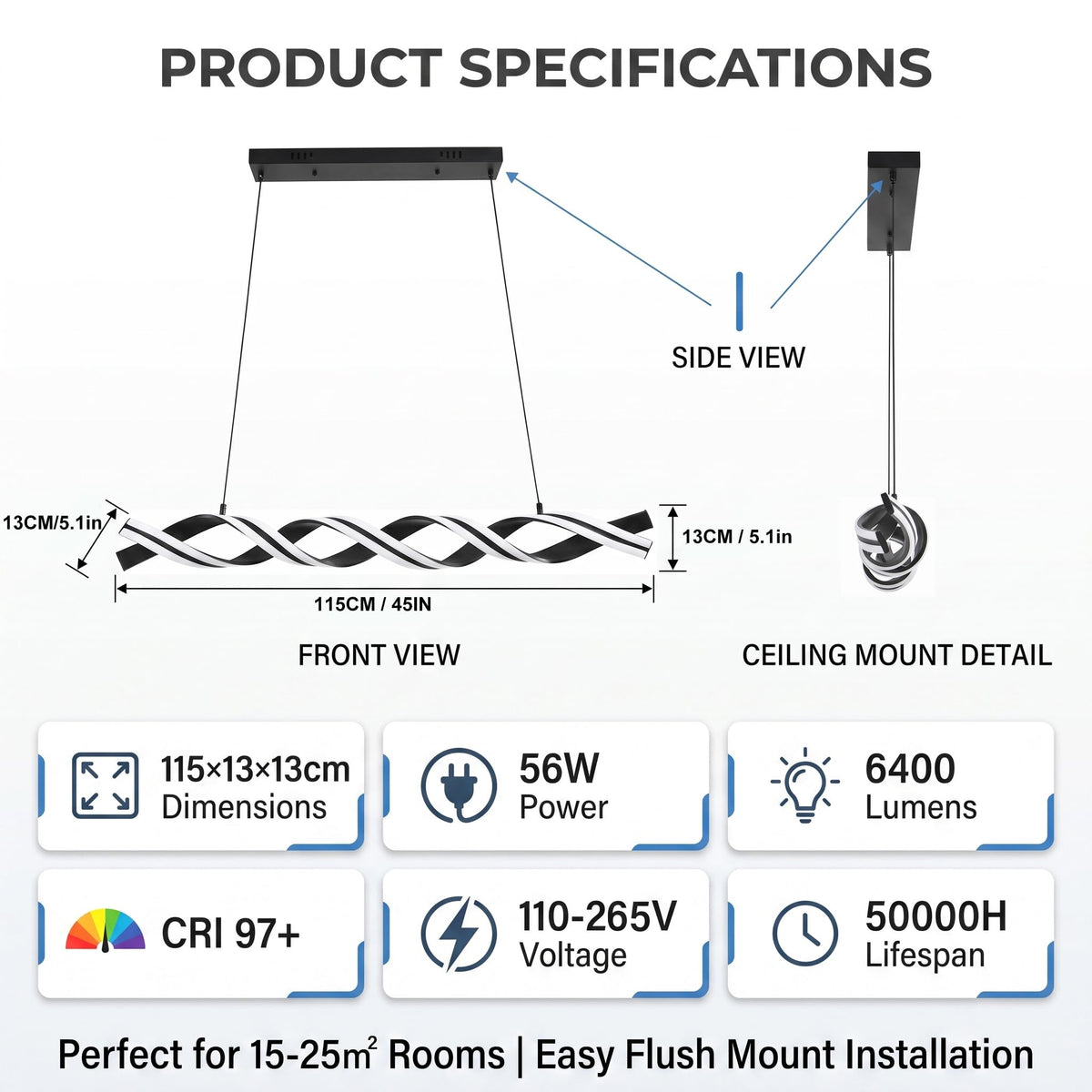 Modern LED Spiral Wave Chandelier, 45 Inch Smart Dimmable Hanging Pendant Light, 56W Linear Fixture Island, Black
