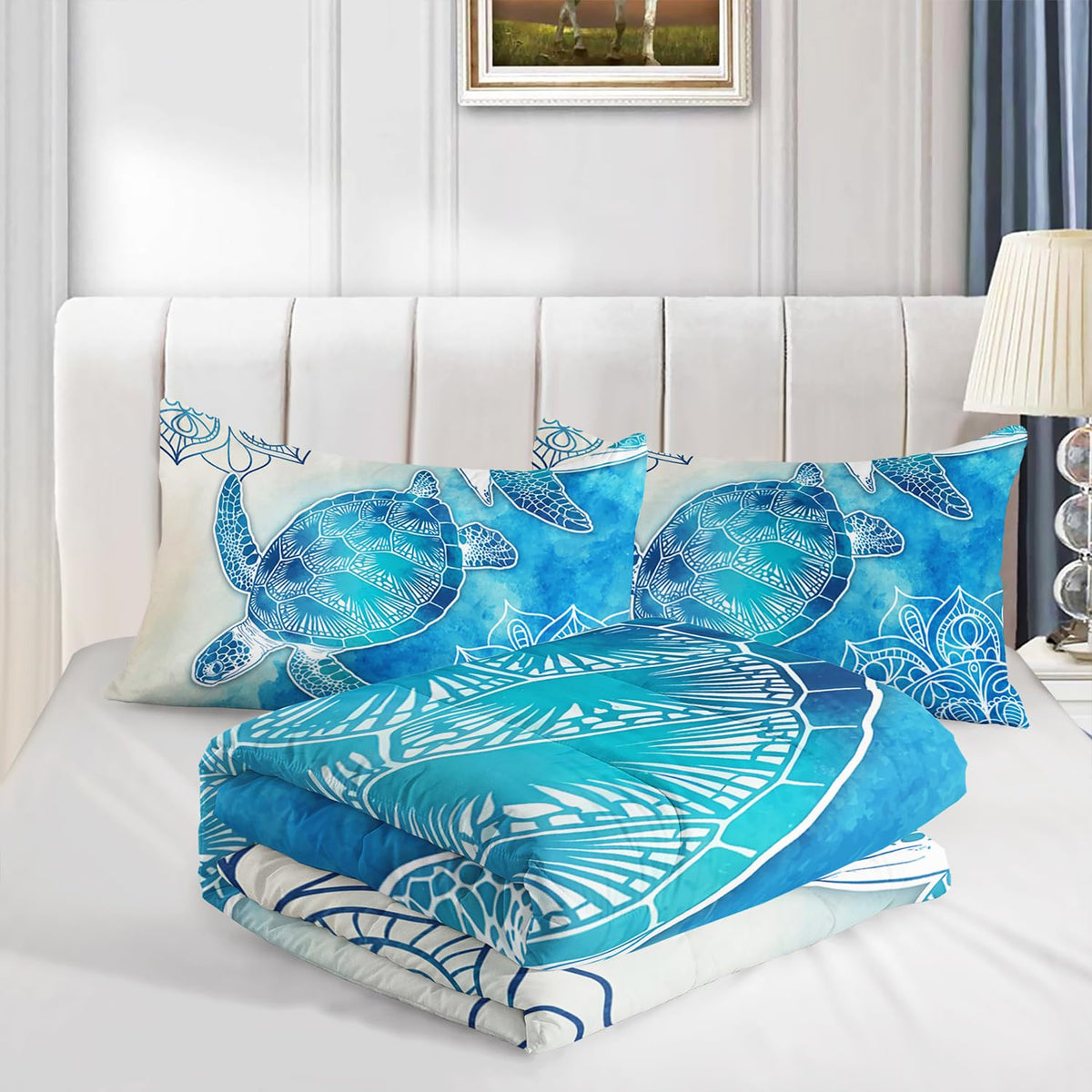 Sea Turtle Comforter Set, Coastal Bedding with 2 Pillowcases.