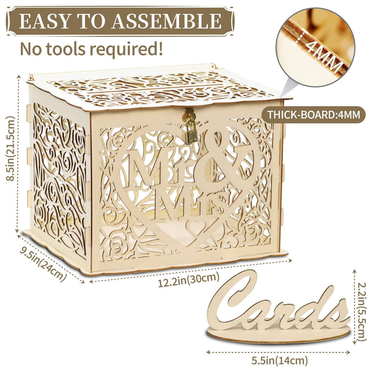 Wedding Card Box with Lock and Card Sign, Wooden Gift Card Box Money Box for Reception Wedding Anniversary Baby