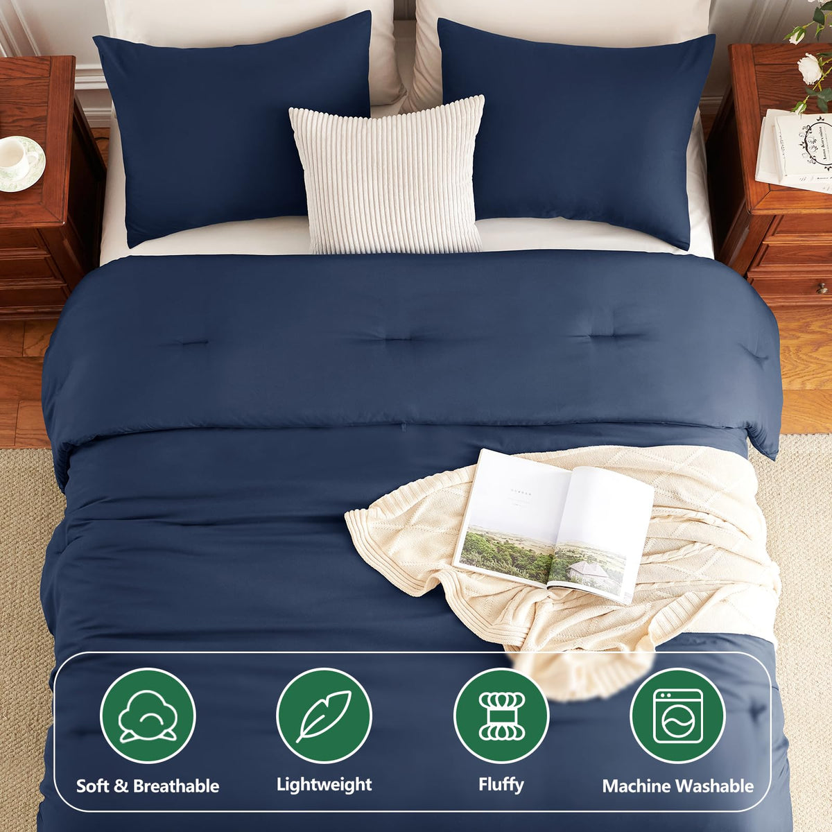 Comforter Sets, 3 Pieces with 2 Pillowcases, Navy Blue