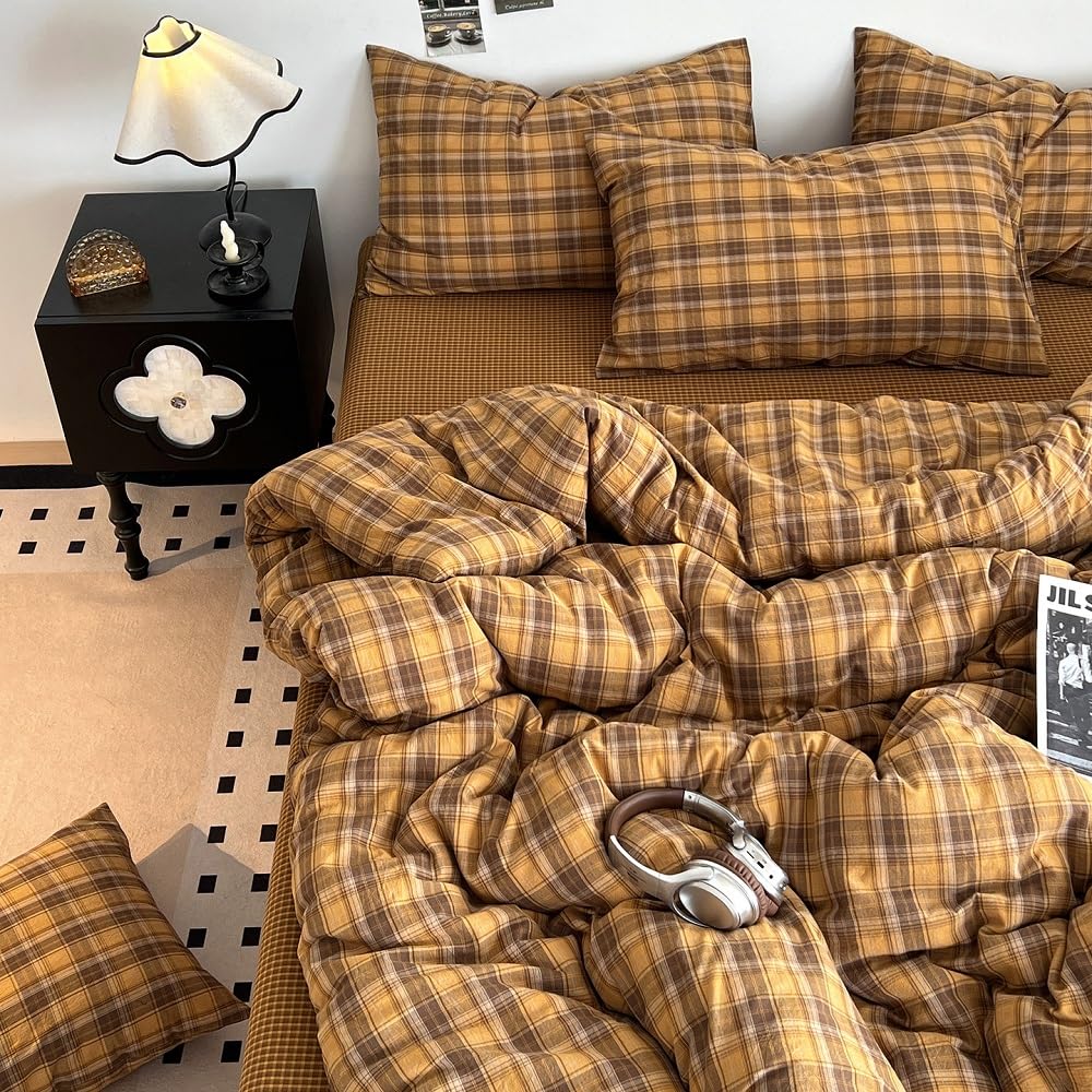 Brown Gingham Comforter Set, Tan Plaid Checked Bedding Set, Cabin Lodge Ultra Soft Lightweight Comforter, 3