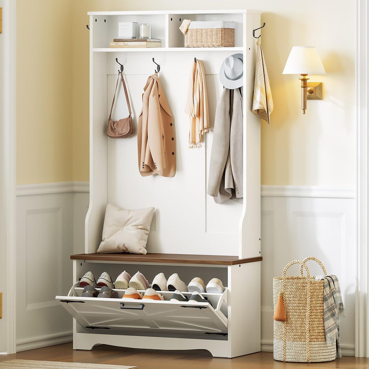 Hall Tree with Bench, Entryway Bench with Coat Rack and Shoe Cabinet, Flip Drawers, Farmhouse Hall Tree with Shoe