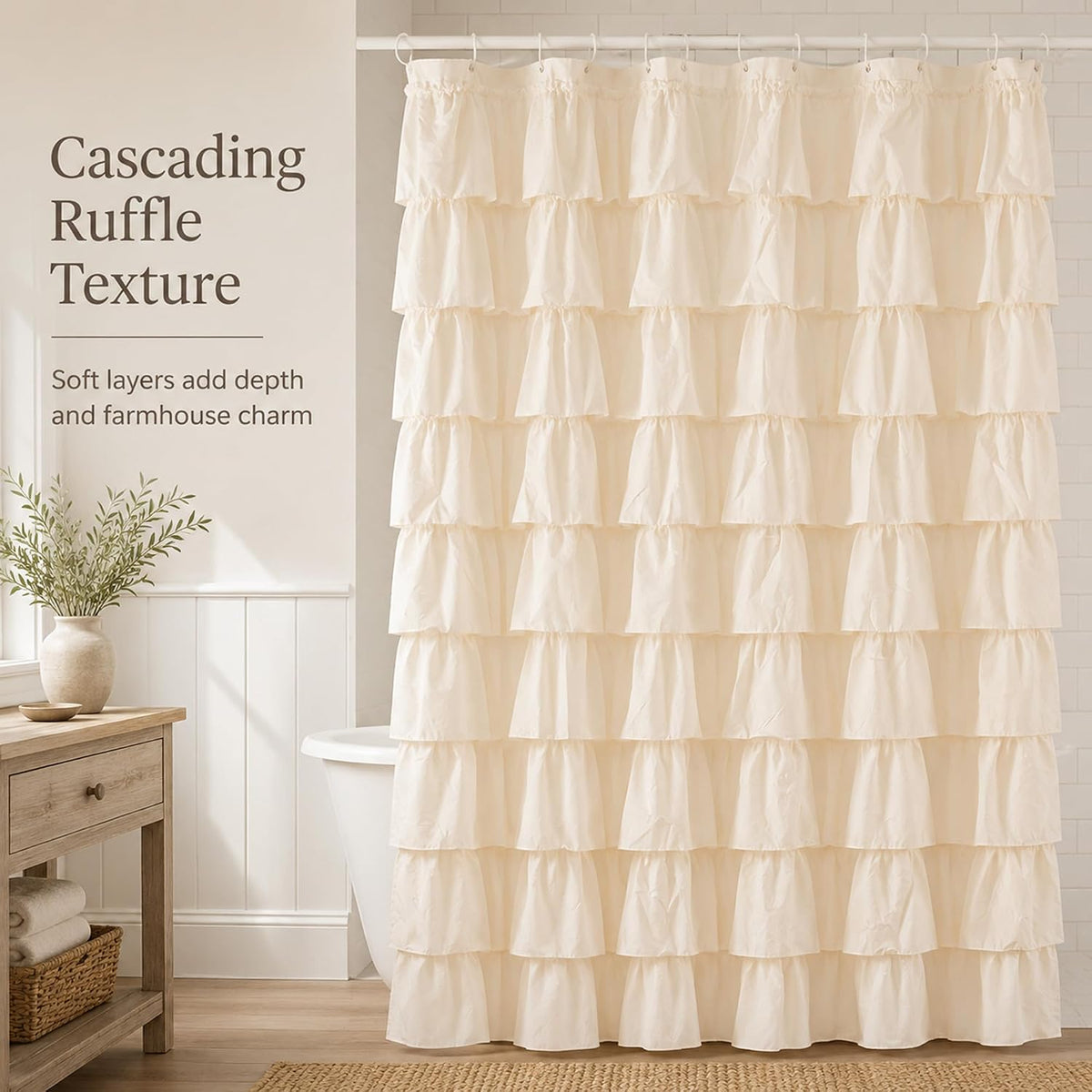 Beige Ruffle Shower Curtain , 72x72, Elegant Ruffled Panle | Soft Cream Color, Cascading Waterfall Ruffles, 72 x 72