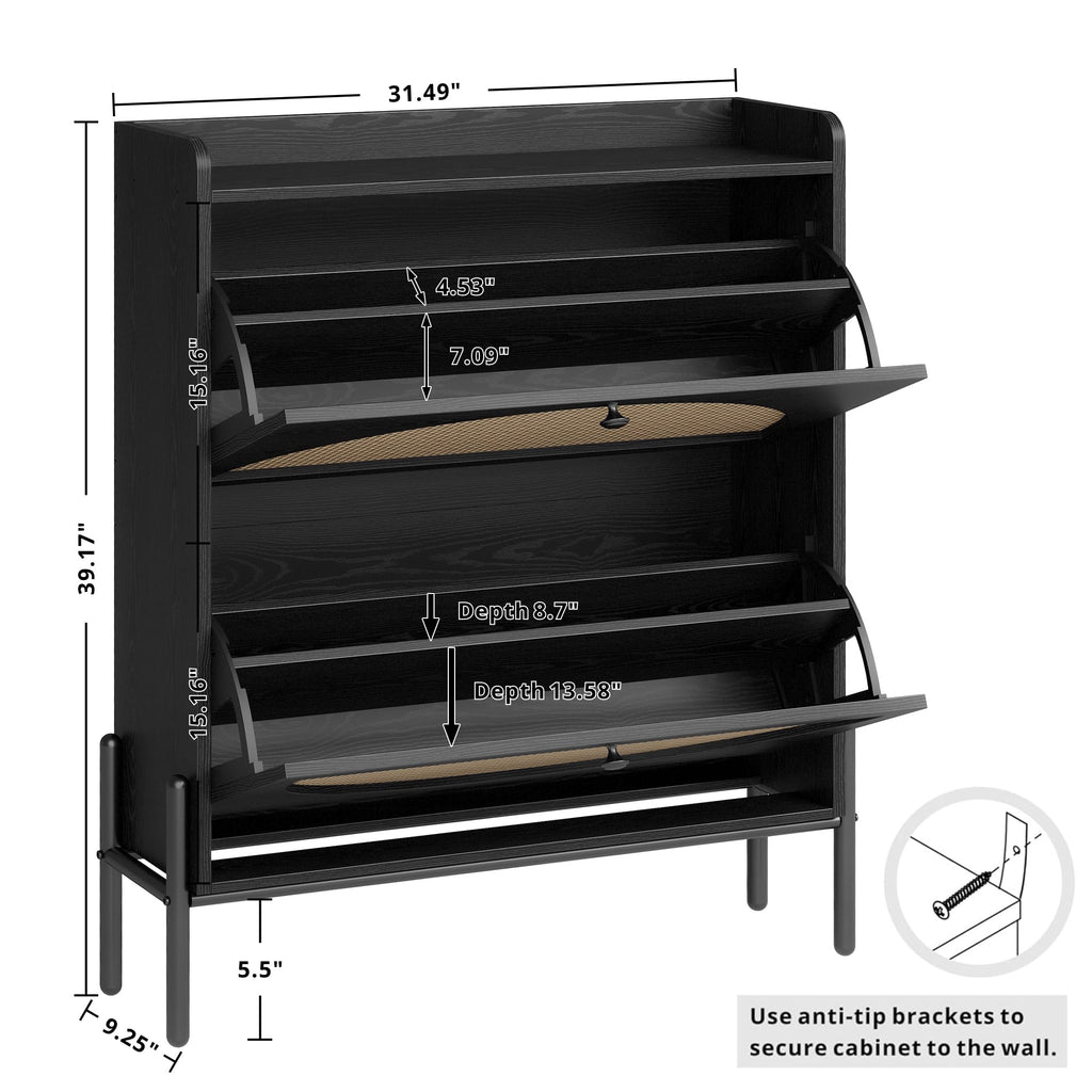 Rattan Shoe Cabinet Storage with 2 Flip Drawers, Black
