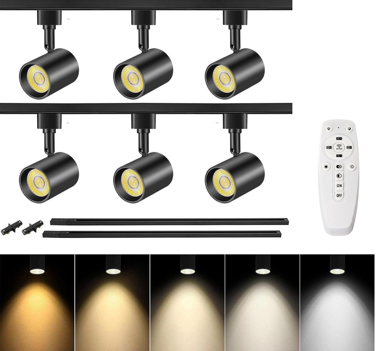 6 Lights LED Track Lighting Kit with Remote, 10W Dimmable Black