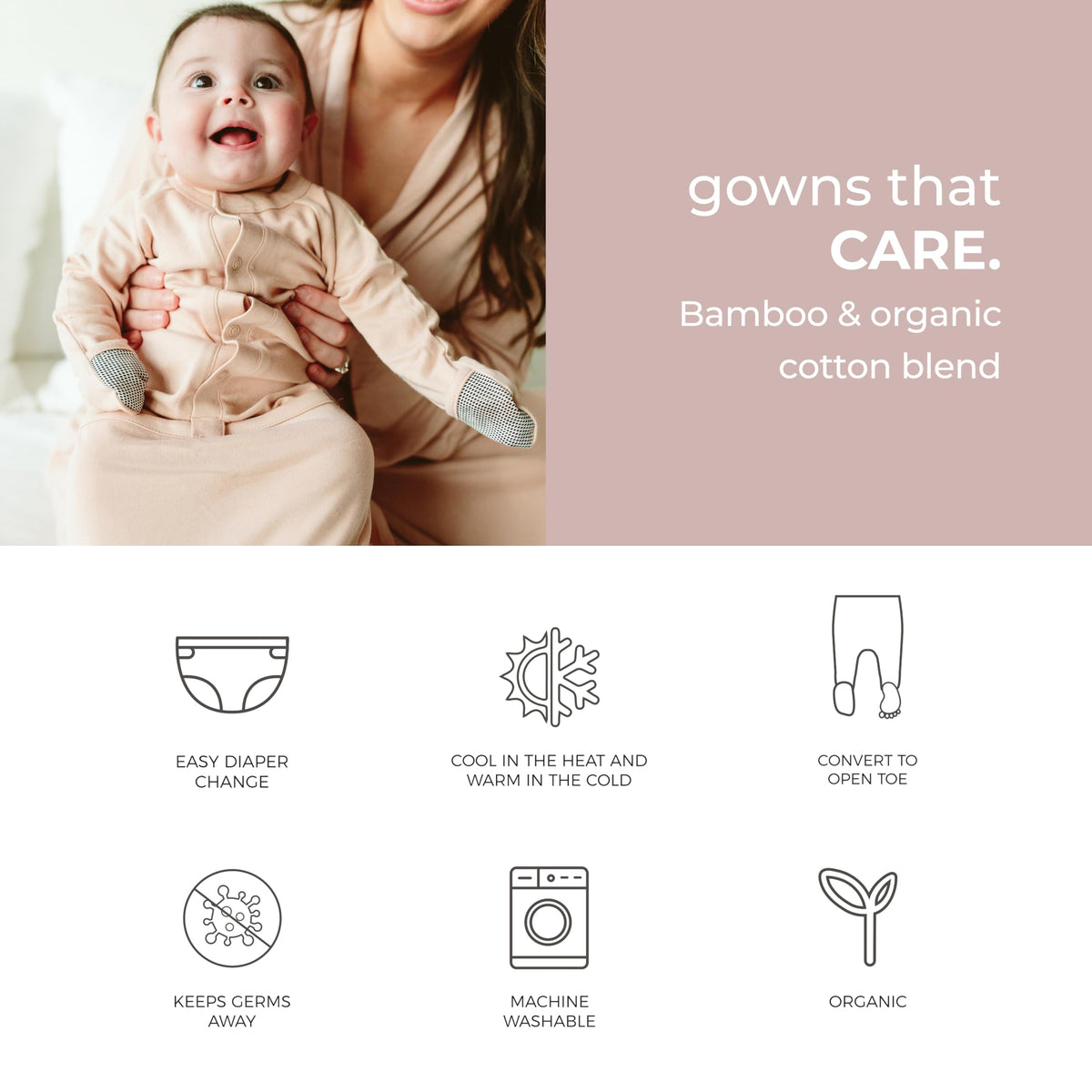 Baby Gown Convertible Sleeper Soft Organic Cotton, Rose