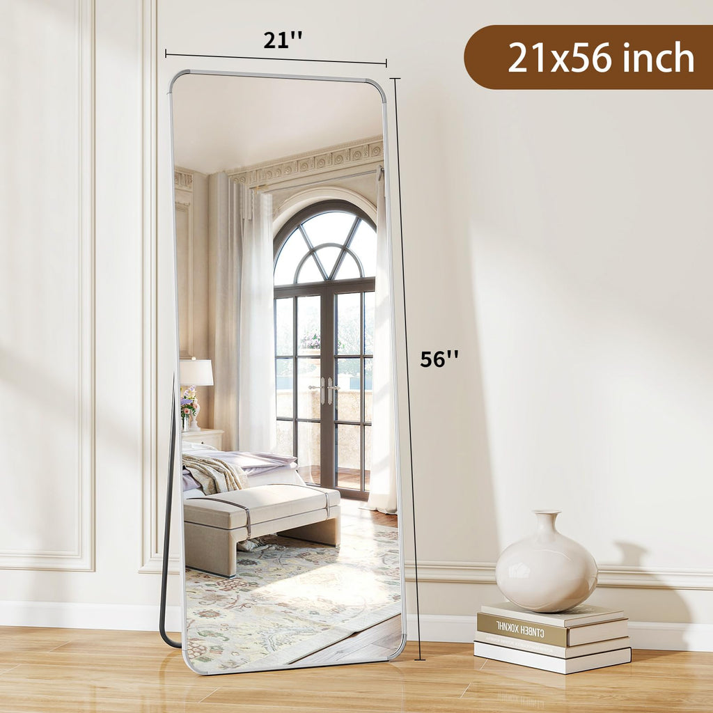 56" x 21" Rounded Corner Full Length Mirror with Stand, Silver