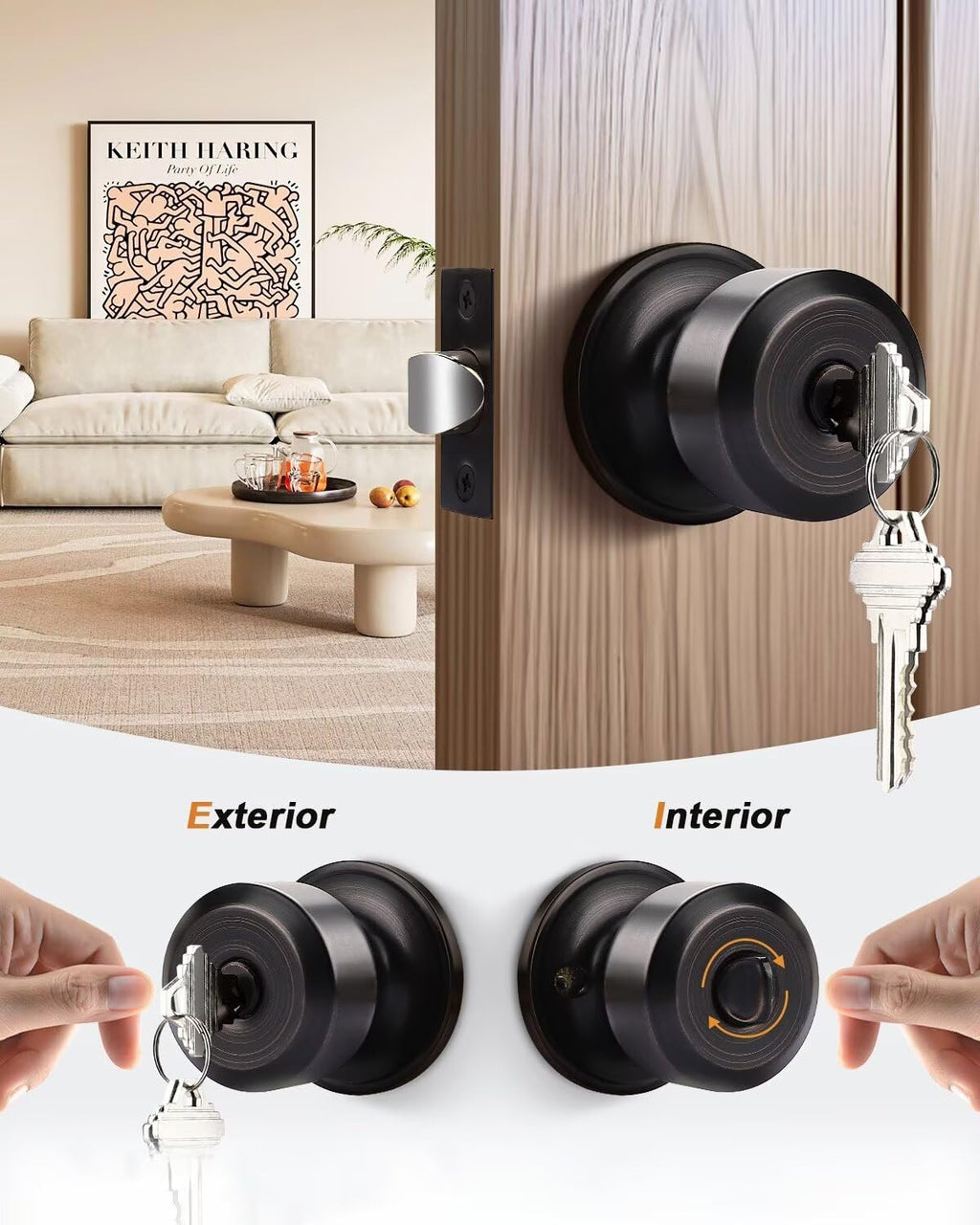 Keyed Alike Entry Door Knobs, Oil Rubbed Bronze Cylindrical Shape Interior Door Knobs with Lock and Keys, 3 Pack
