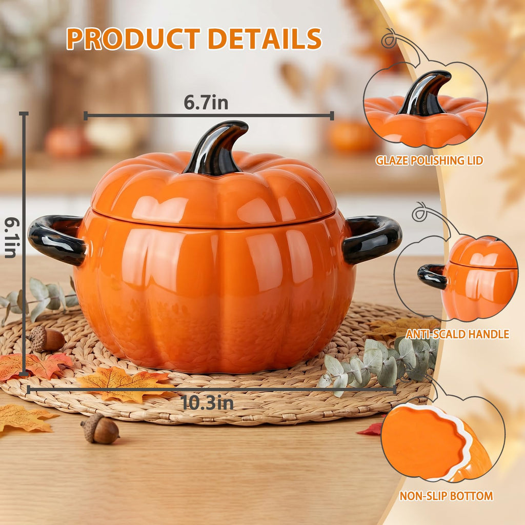 Pumpkin Soup Bowl, 64oz Ceramic Pumpkin Pot with Lid (Orange)