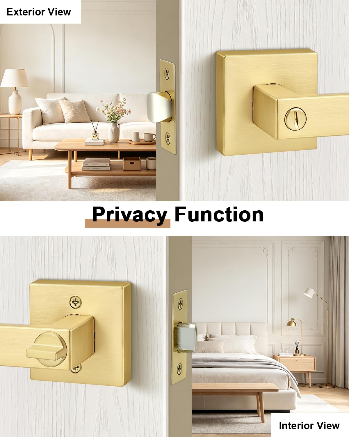 Interior Privacy Door Handles 5 Pack, Gold Bed & Bath Zinc Alloy Door Levers with Lock, Reversible for Right & Left