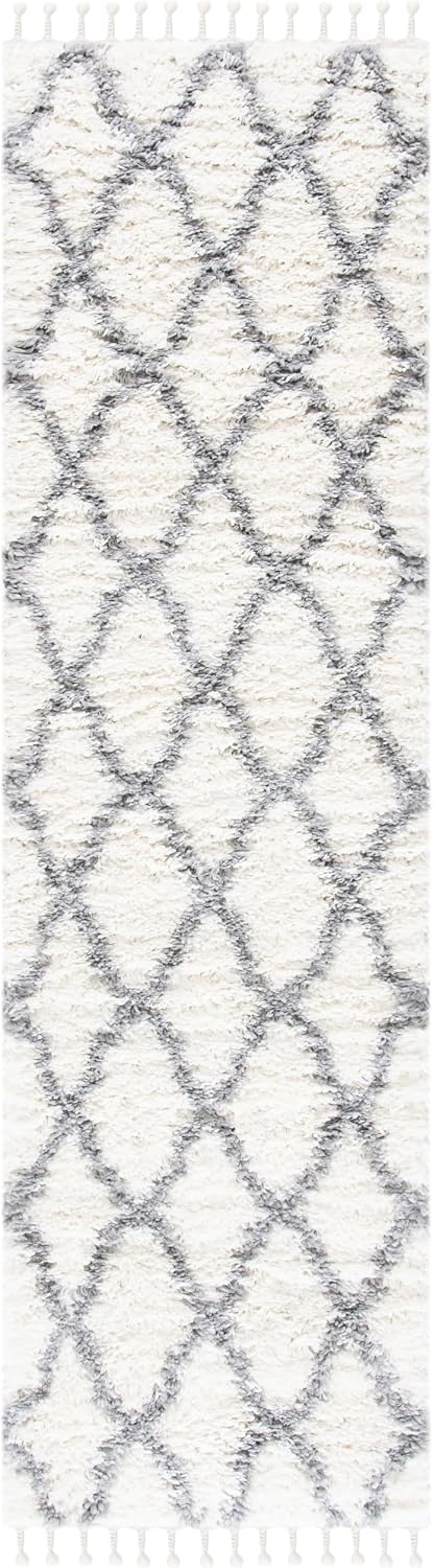 Moroccan Tassel Shag Collection Runner Rug - 2'2" x 8', Ivory & Light Grey, Boho, Non-Shedding & Easy Care, 1.5-inch