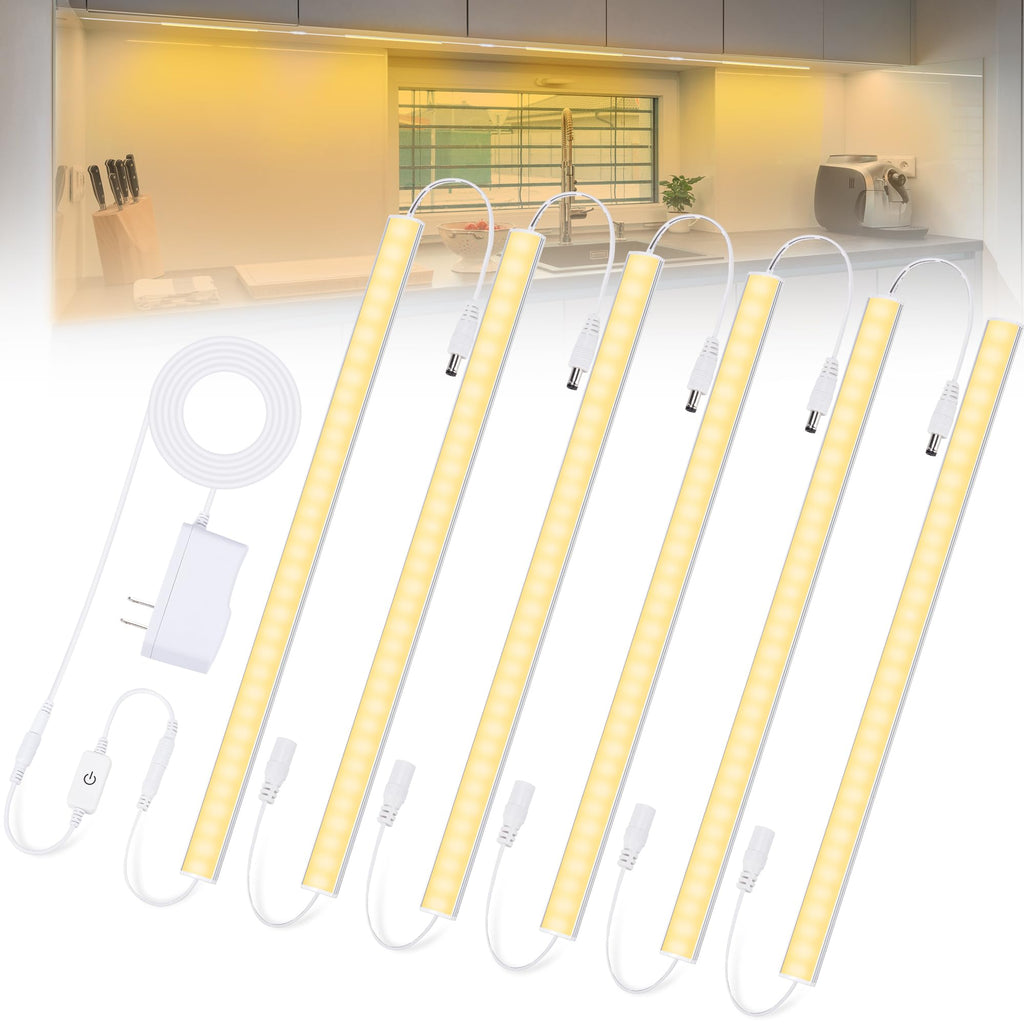 6PCS x 12 Inch Under Cabinet Lights Plug-in, Warm White 3000K Dimmable LED Under Cabinet Lighting, Under Counter