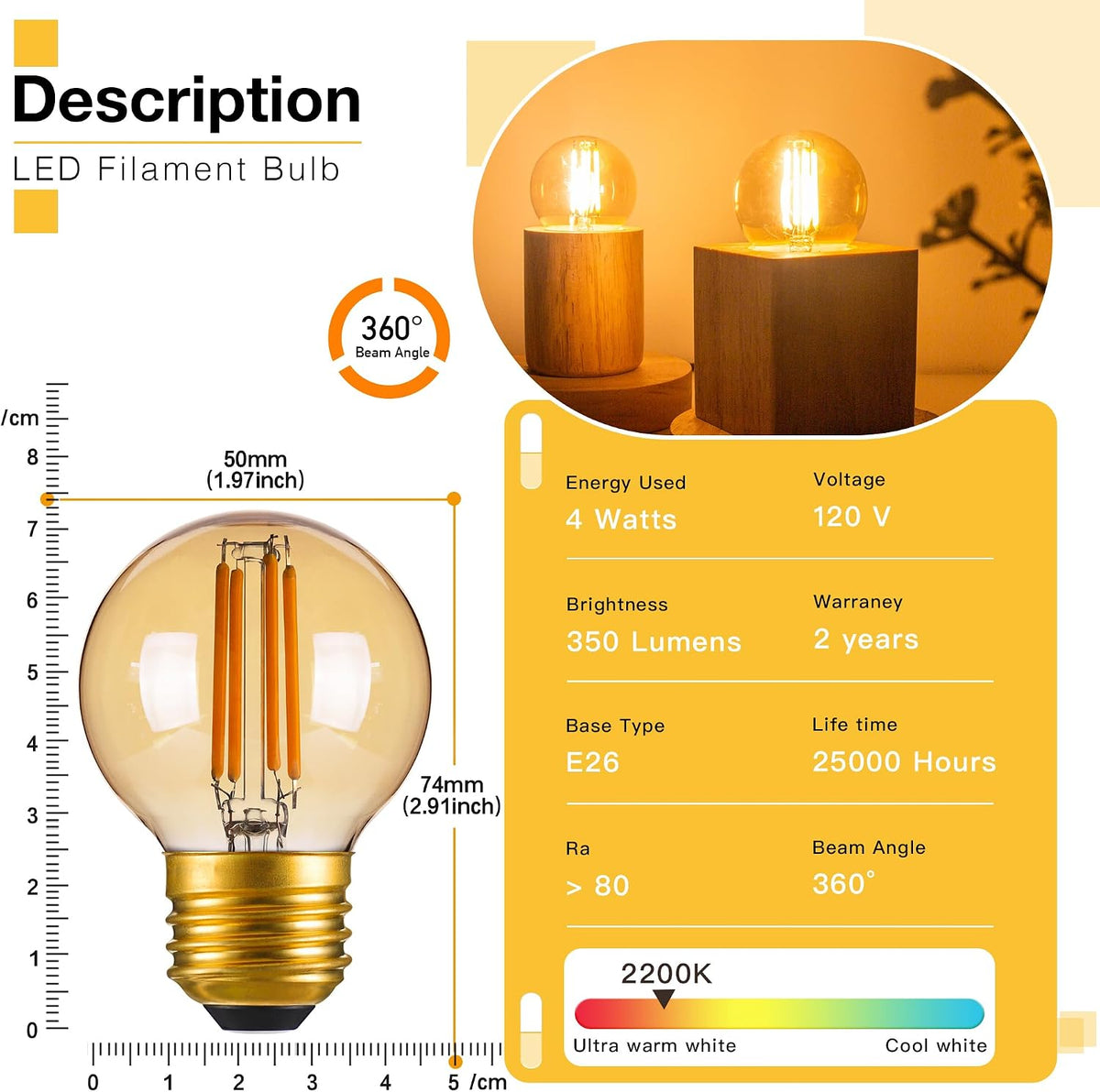 Dimmable G16.5 Amber Edison light Bulb 40 Watt,E26 Vintage LED Light Bulb