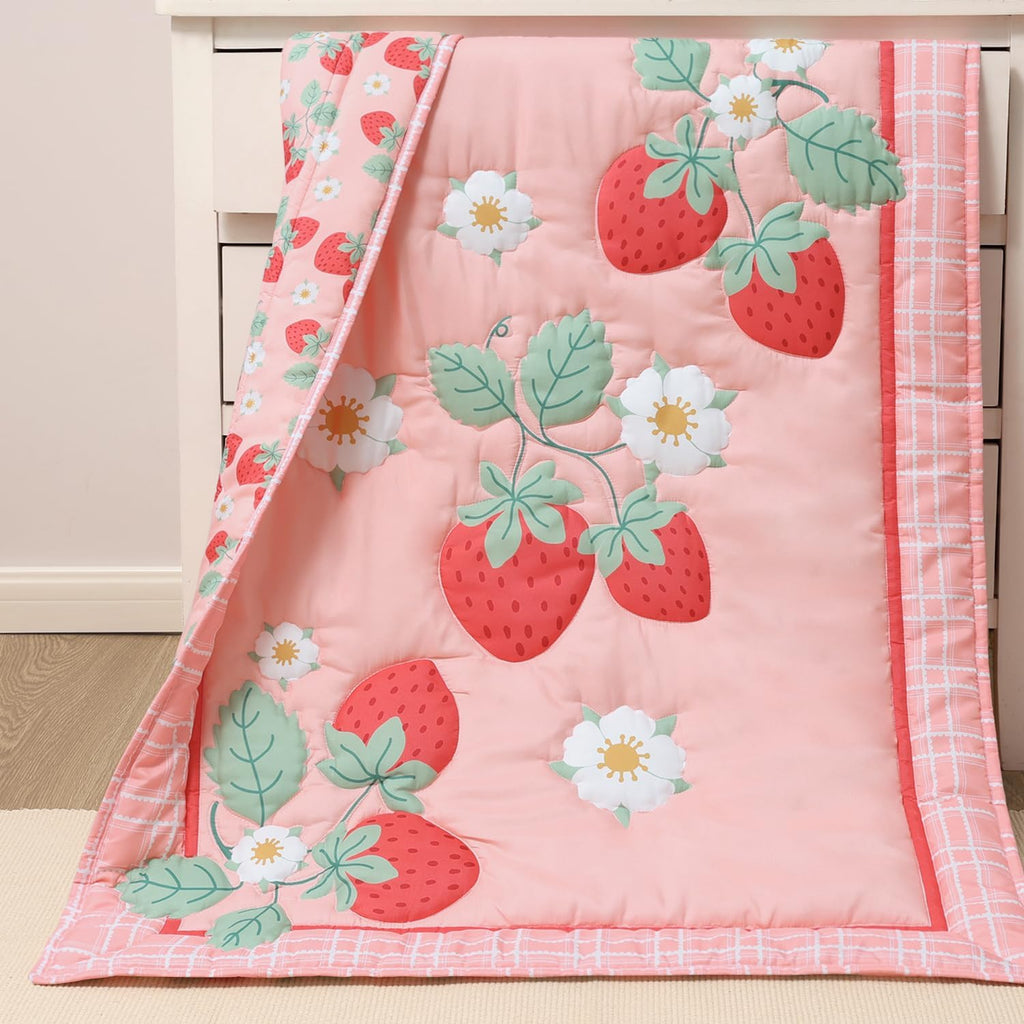 Strawberry Sweet 3-Piece Baby Girl Crib Bedding Set - Pink Nursery Bedding, Crib Comforter & Decor for Newborns and
