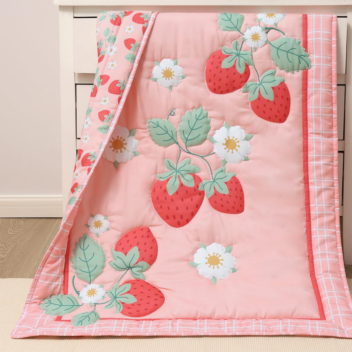Strawberry Sweet 3-Piece Baby Girl Crib Bedding Set - Pink Nursery Bedding, Crib Comforter & Decor for Newborns and