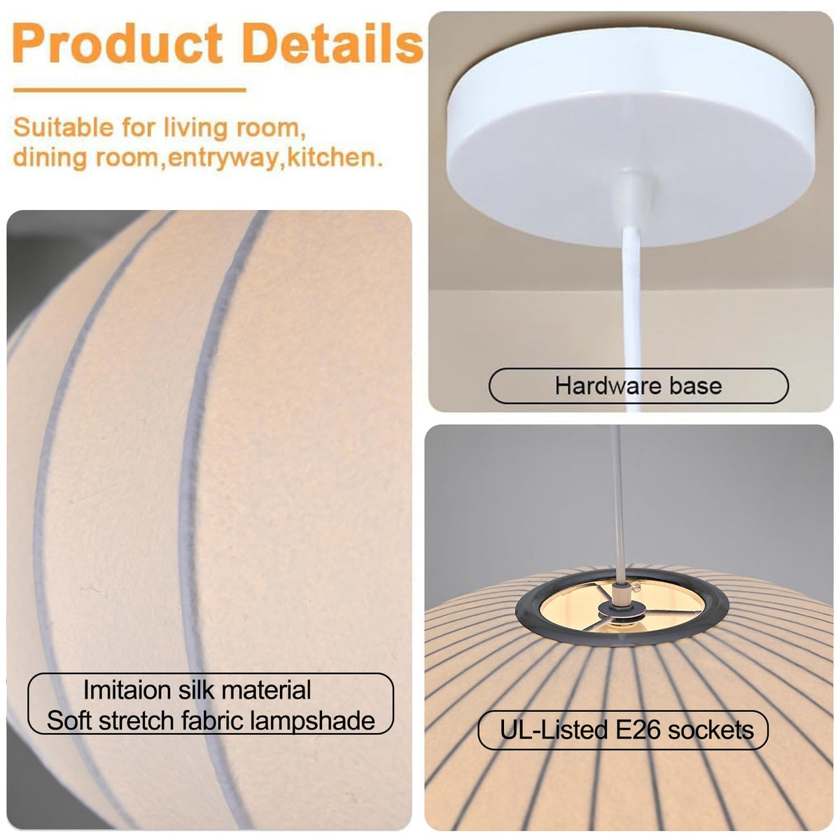 Inspired Nelson Style Italian Silk Pendant Light, 19.7in White Bubble Fabric Lantern