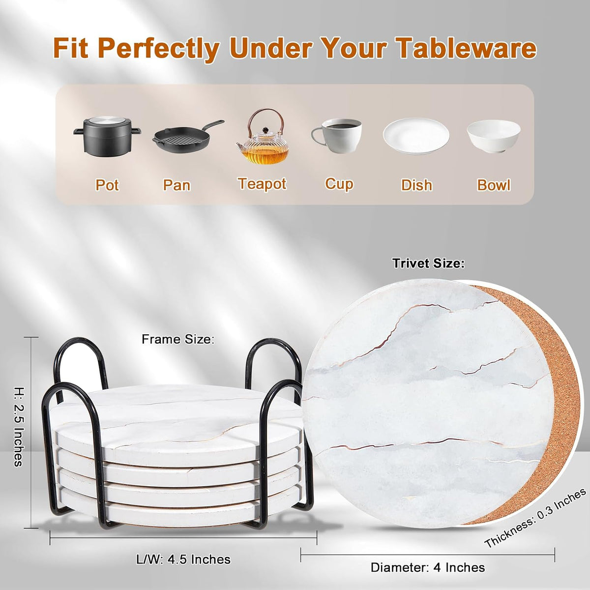6-Pcs 4'' Ceramic Marble Style Trivet with Holder, Absorbent Trivets for Hot Dishes, Cork Bottom Anti-Slip Trivet