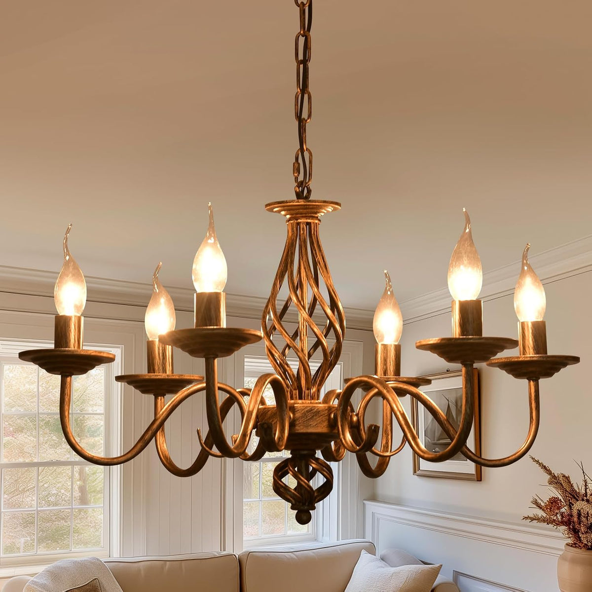 Six-Light French Country Chandelier with Vintage Candle Arms