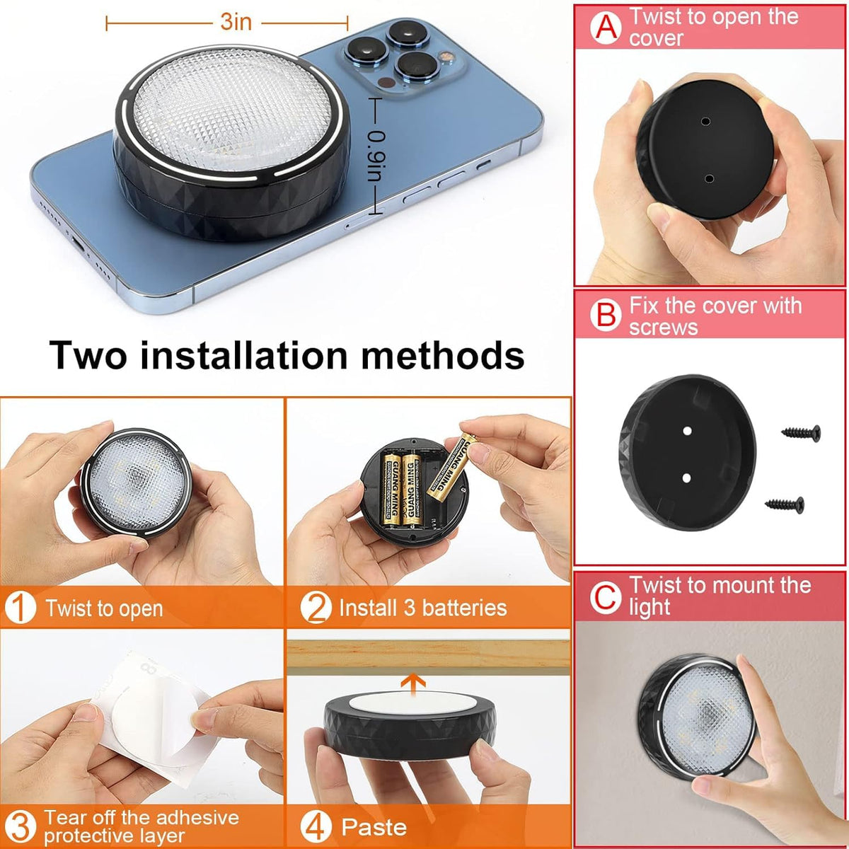 LED Puck Lights with Remote Battery Operated Under Cabinet Lighting Wireless Stick on Lights Color Changing Timer Tap