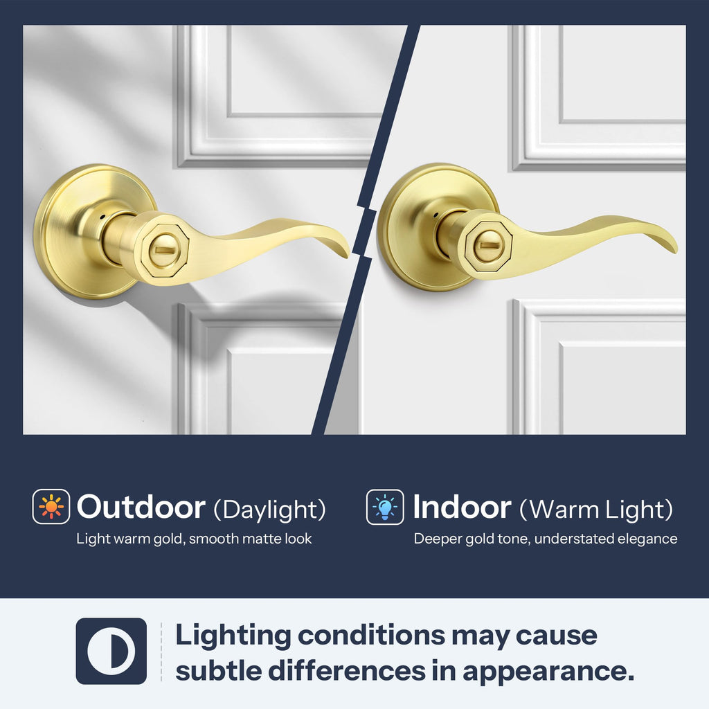 Privacy Wave Style Gold Door Handles (No Key) Interior and Interior Closet, Brushed Gold Door Lock with Reversible