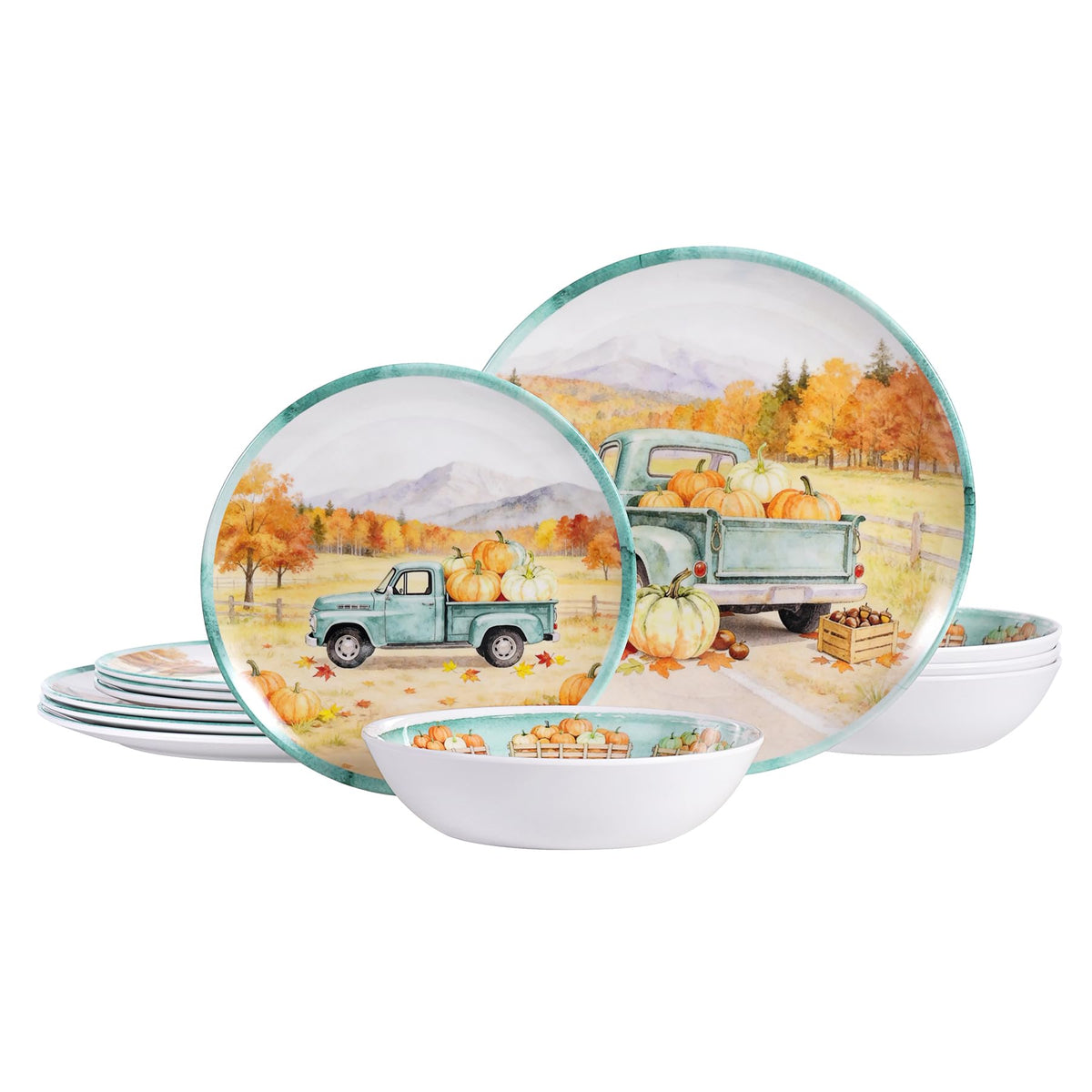 12pcs Fall Melamine Dinnerware Set, Green pickup truck Plates Bowls