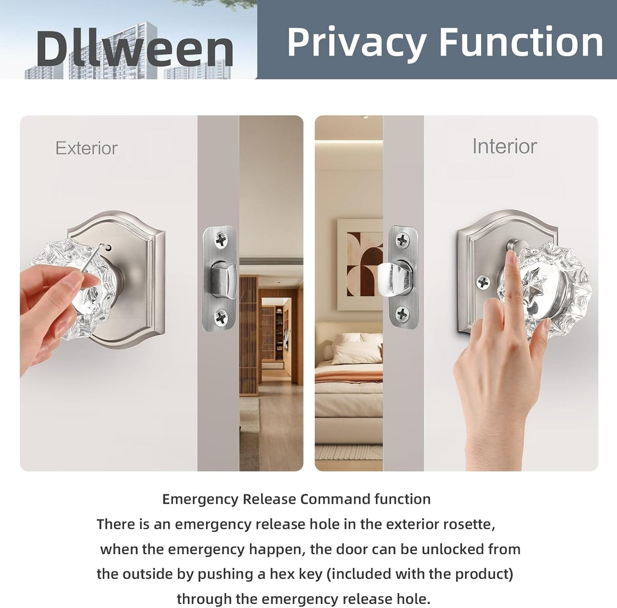 Glass Crystal Door Knob Interior with Lock, Privacy Brushed Nickel Door Knob Bedroom, Satin Nickel