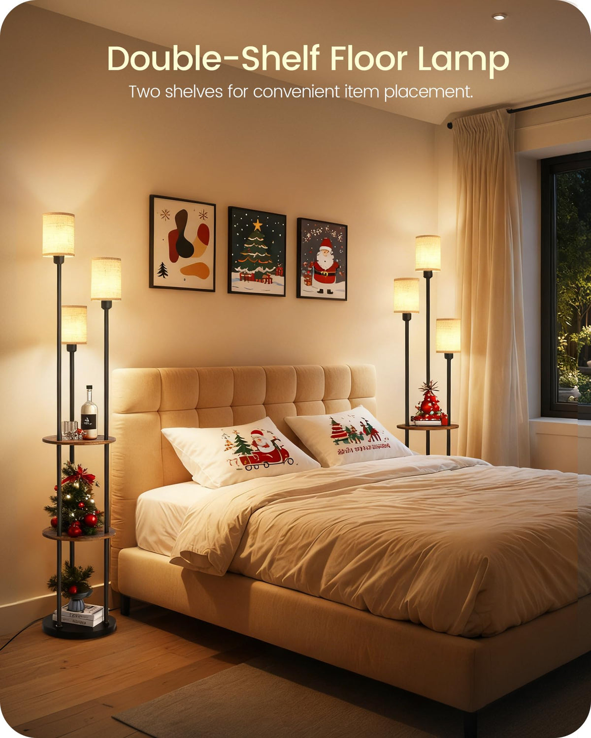 70.9" Floor Lamp with Shelves, Modern Floor Lamp with 3 Linen Shades and Foot Switch, 3-Light Standing Lamp, Study