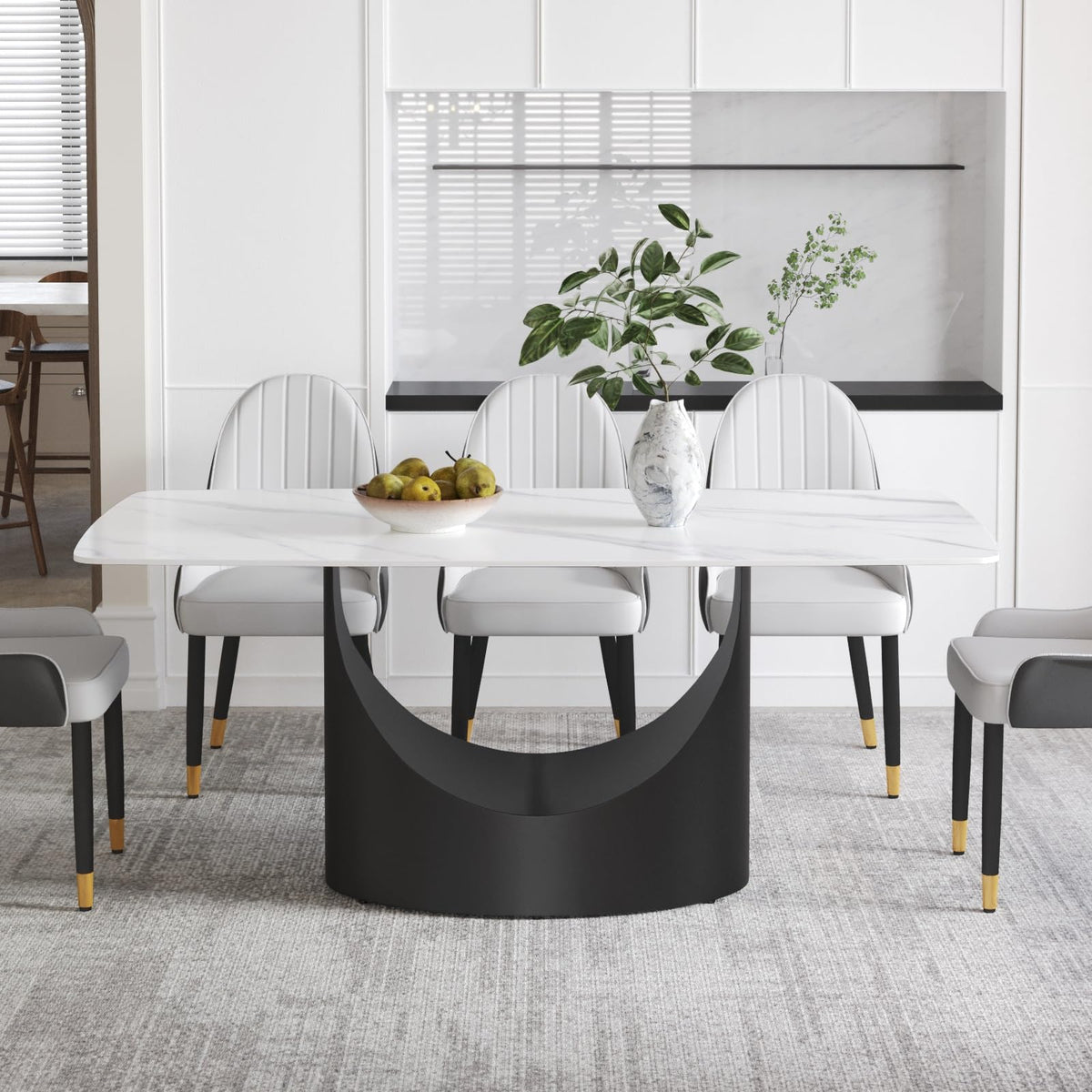 Modern Rectangle Marble Dining Table, 63" White Marble Sintered Stone Top Dining Table, Rectangle Dining Room Table