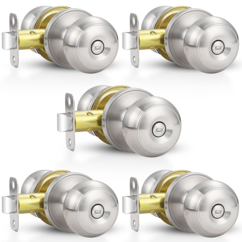 5 Pack Door Knobs Brushed Nickel Interior Keyless Door Lock Privacy Door Handle, Round Ball Silver Knobs Bedroom
