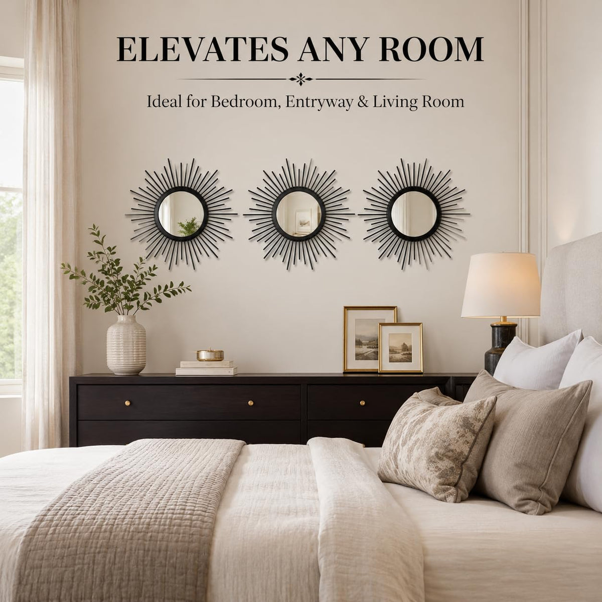 Black Sunburst Mirror Set of 3, 3PCS Metal Round Decorative Wall Mirrors, Starburst Accent Mirror Wall Decor