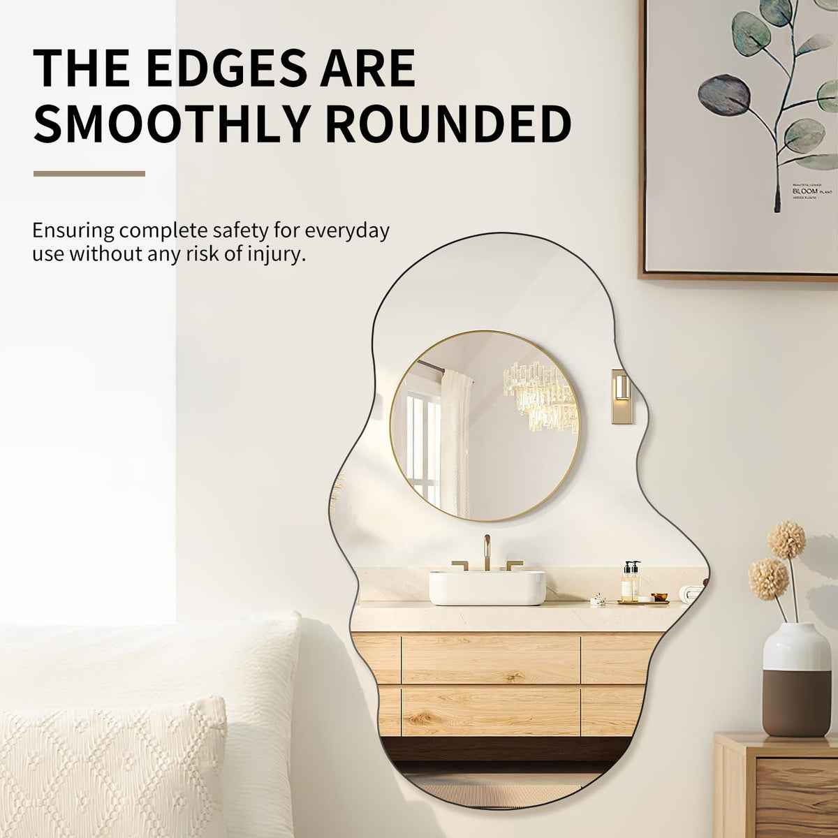 Cloud Shaped Wall Mirror 47x23 Inch - Large Irregular Asymmetrical Mirror Bedroom Bathroom Entryway, Frameless