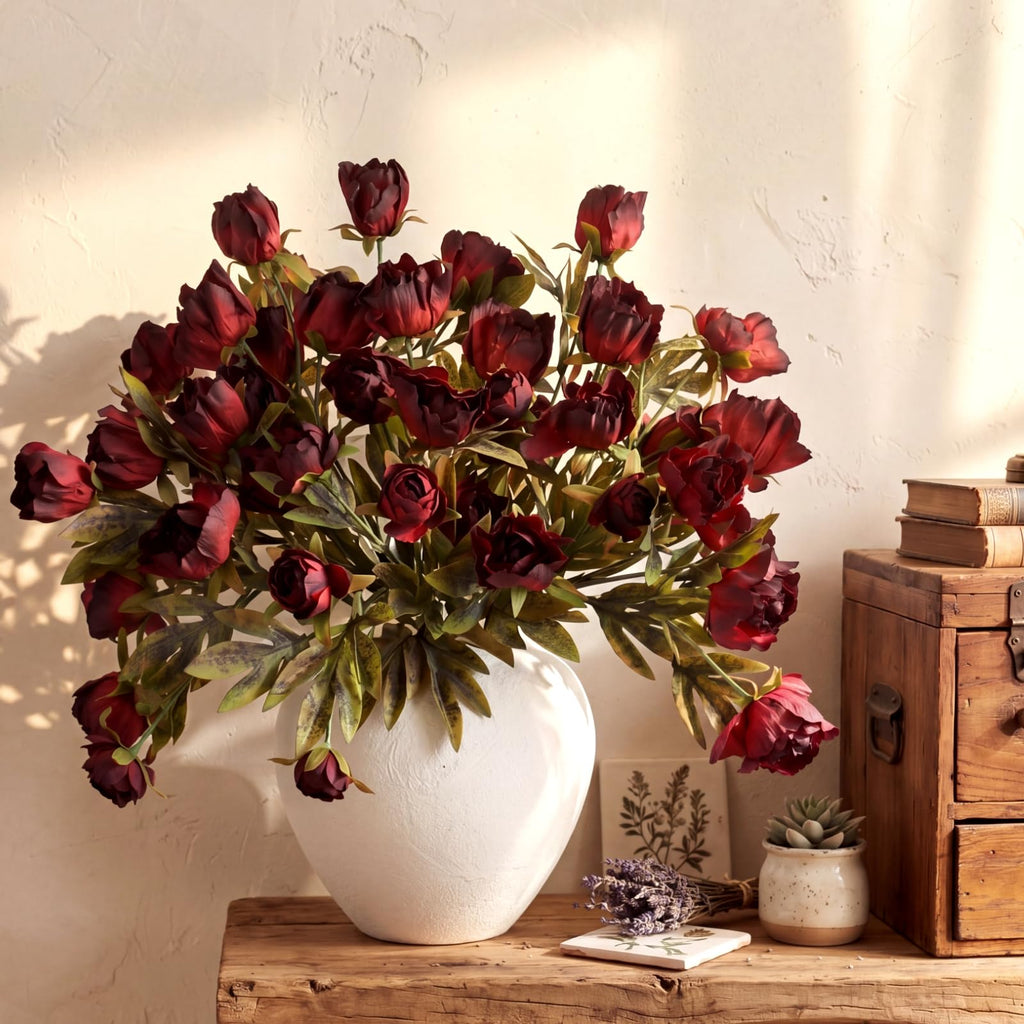Faux Silk Peony Artificial Flowers Stem for Vase, 8 Pcs, Dark