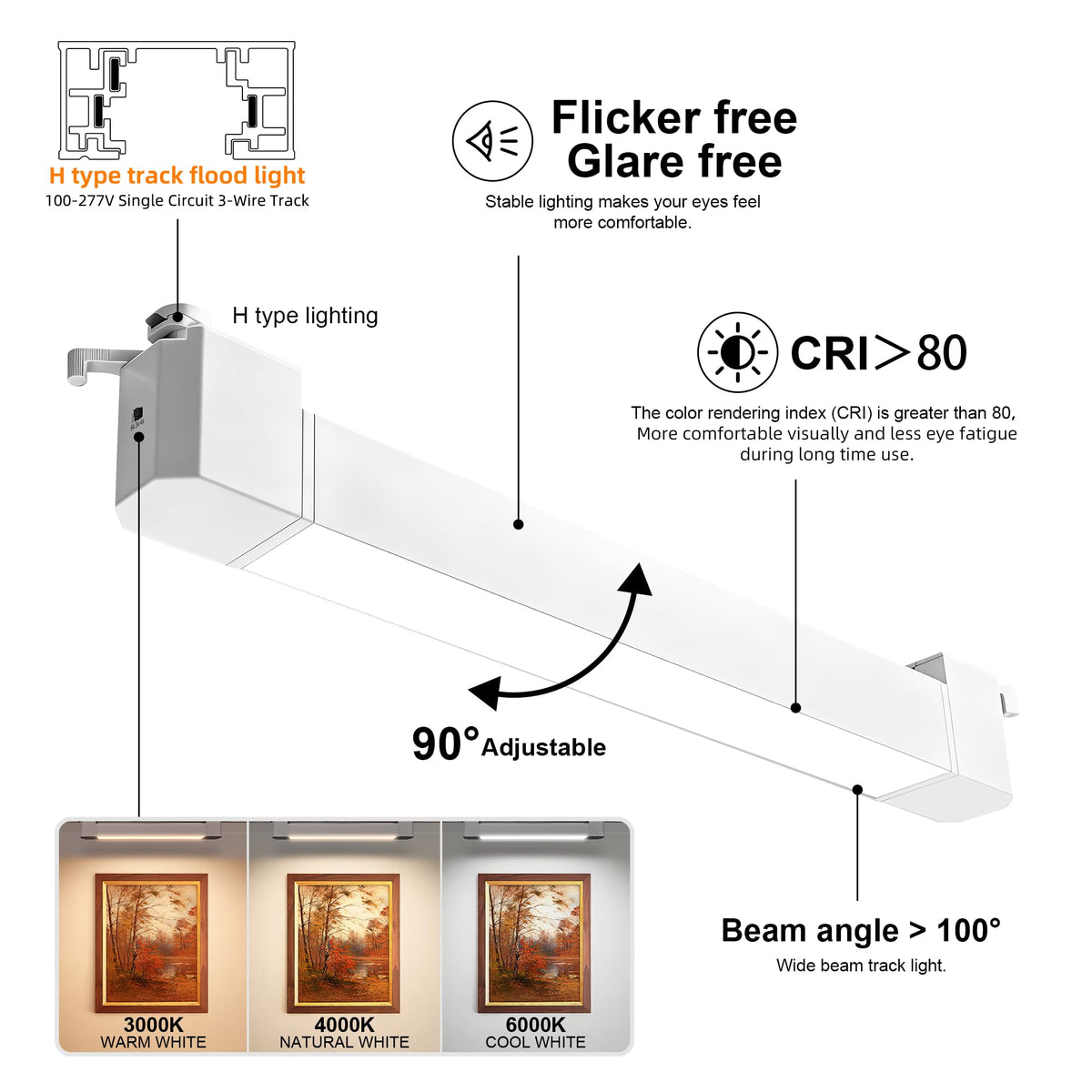 Linear LED Flood Track Heads, H-Type 3-Wire Fit, 3 CCT 3000K/4000K/6000K, Flicker-Free Anti-Glare Track Lights s