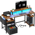 Gaming Desks with Led Lights and Power Outlets, 55 Inch Study Writing Computer Desk with Fabric File Drawers Cabinet
