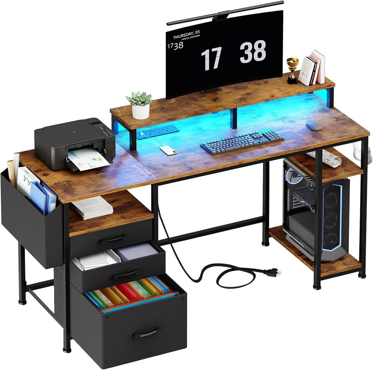 Gaming Desks with Led Lights and Power Outlets, 55 Inch Study Writing Computer Desk with Fabric File Drawers Cabinet