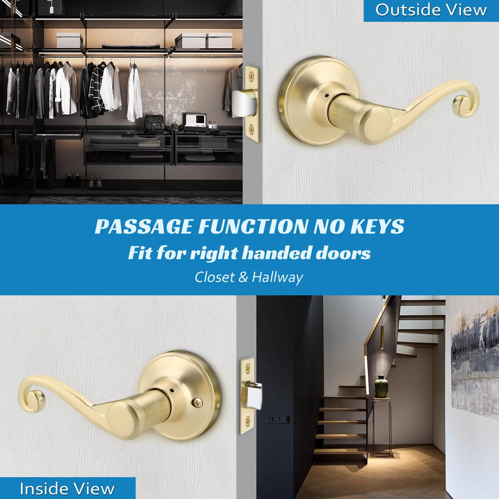 1 Pack Satin Brass Door Handle, Gold Door Lever Passage Function