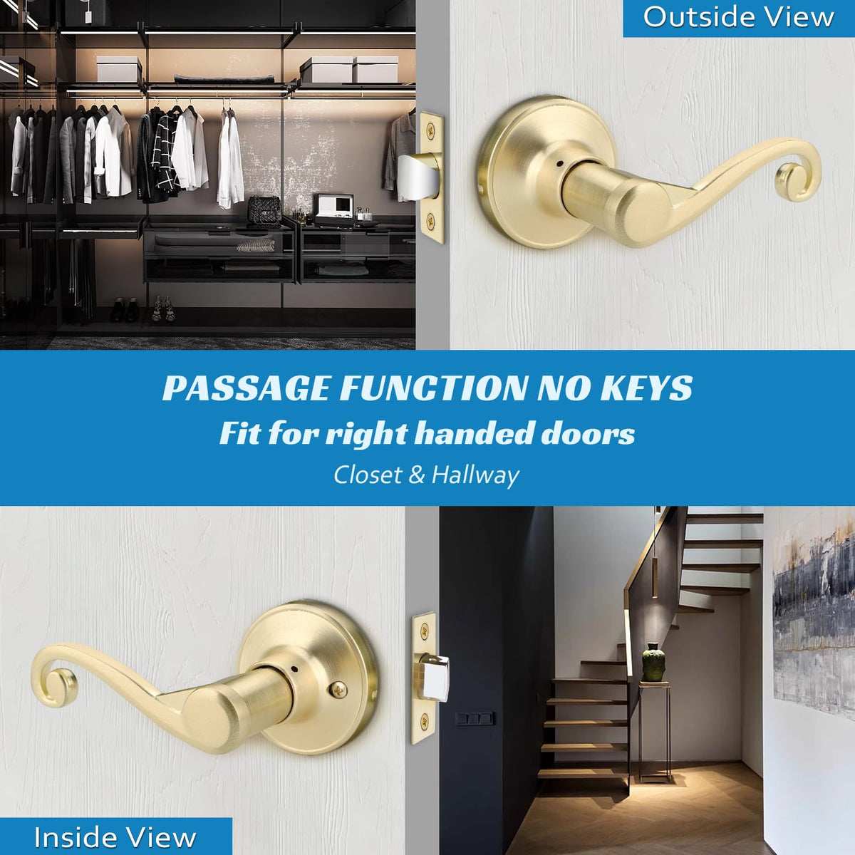 1 Pack Satin Brass Door Handle, Gold Door Lever Passage Function