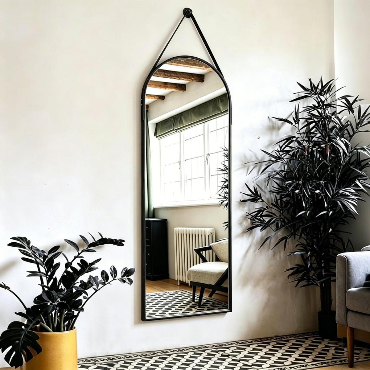 48" x 16" Arched Full Length Mirror Wall Mounted Hanging Mirror Black
