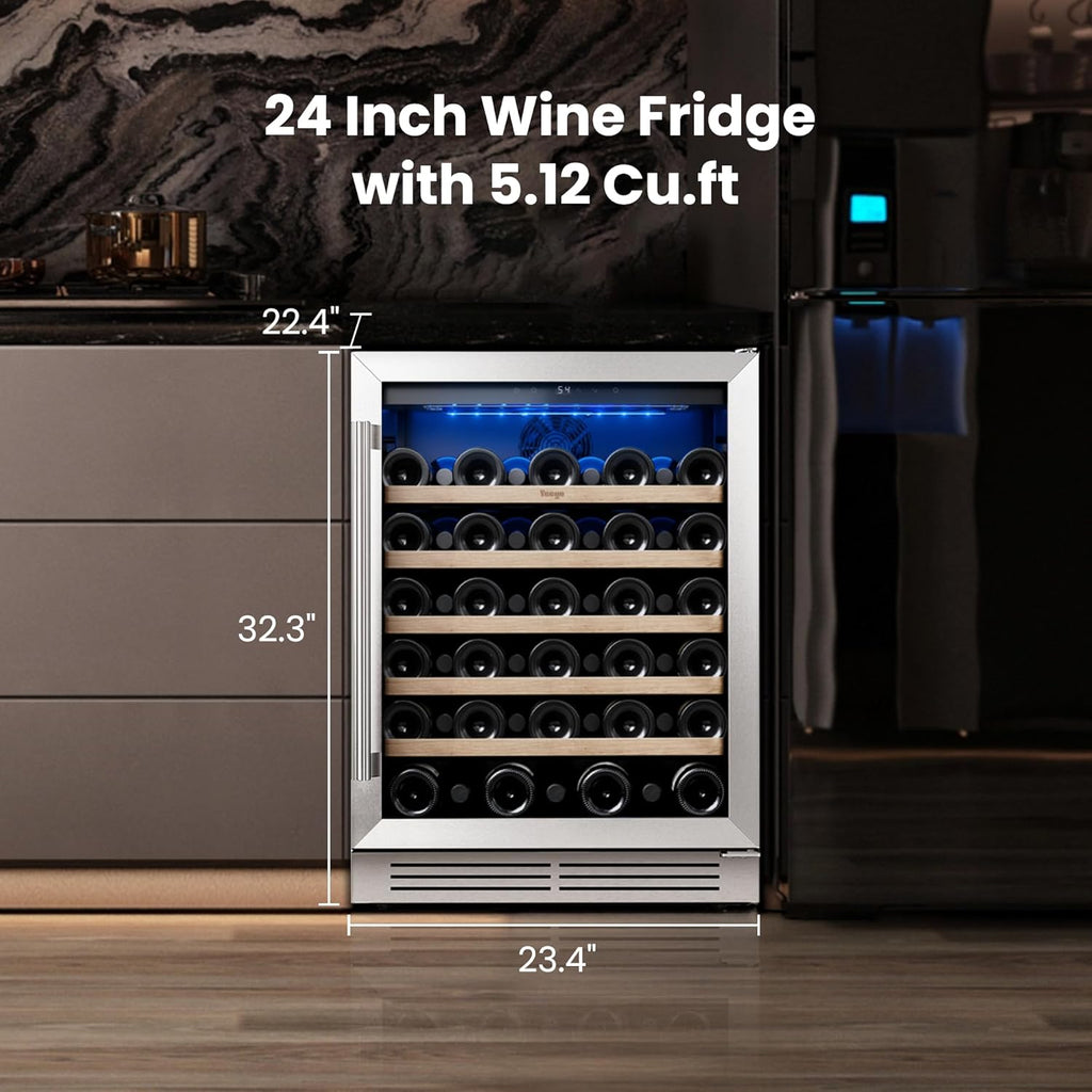 Wine Fridge Cooler - 24 Inch Wine Fridge Hold 52 Bottles, 40-65°F Wine Refrigerator Glass Door, Built in, Freestanding Under Counter Fridge for Beer Soda Drink Home Bar Office(5.12 Cu.ft)