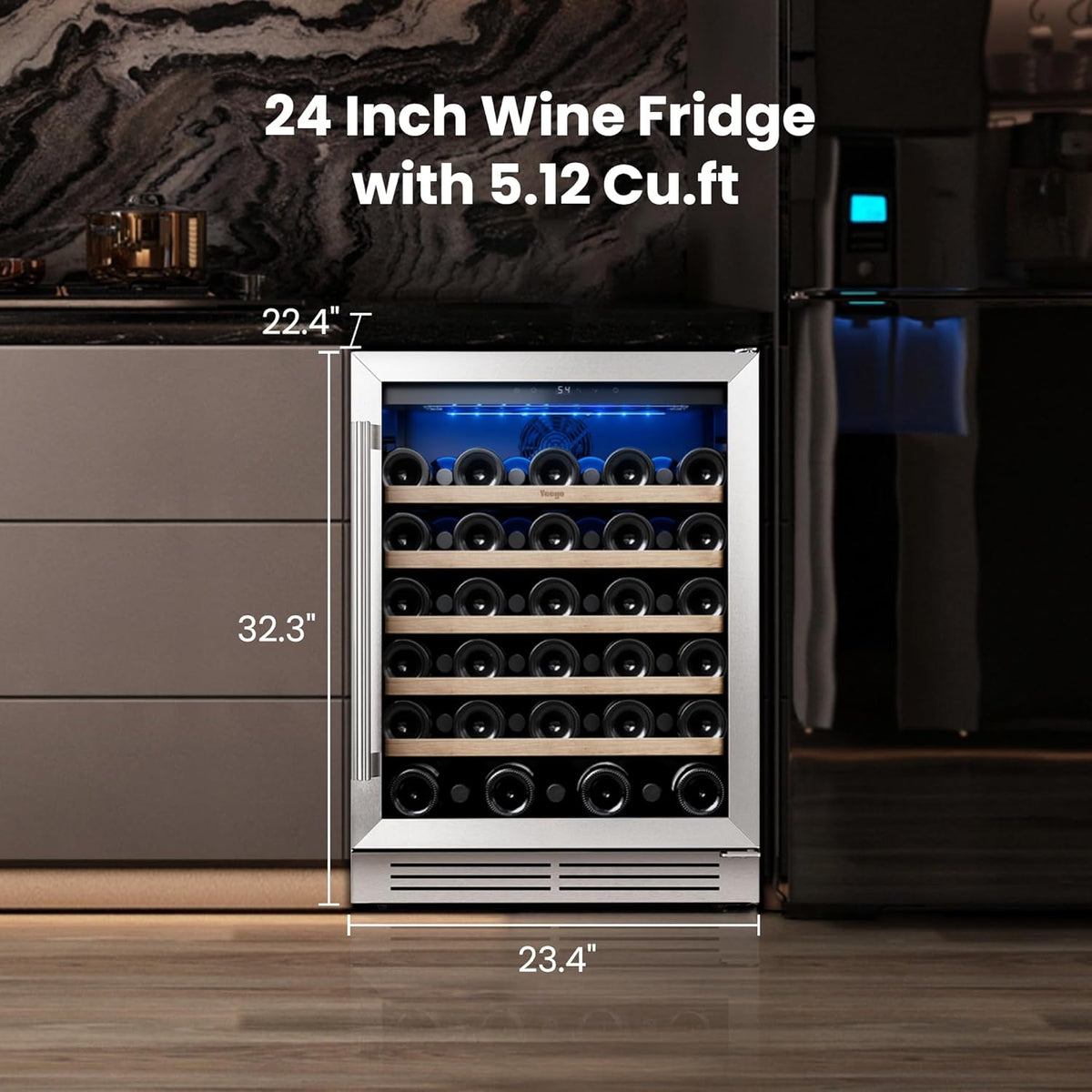 Wine Fridge Cooler - 24 Inch Wine Fridge Hold 52 Bottles, 40-65°F Wine Refrigerator Glass Door, Built in, Freestanding Under Counter Fridge for Beer Soda Drink Home Bar Office(5.12 Cu.ft)