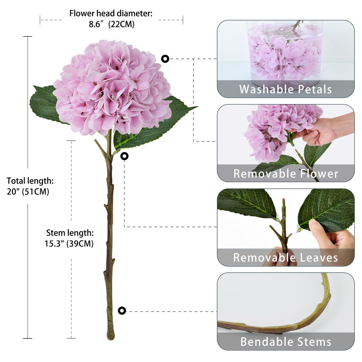 20" Real Touch Pink Hydrangea Artificial with Stems, 3PCS