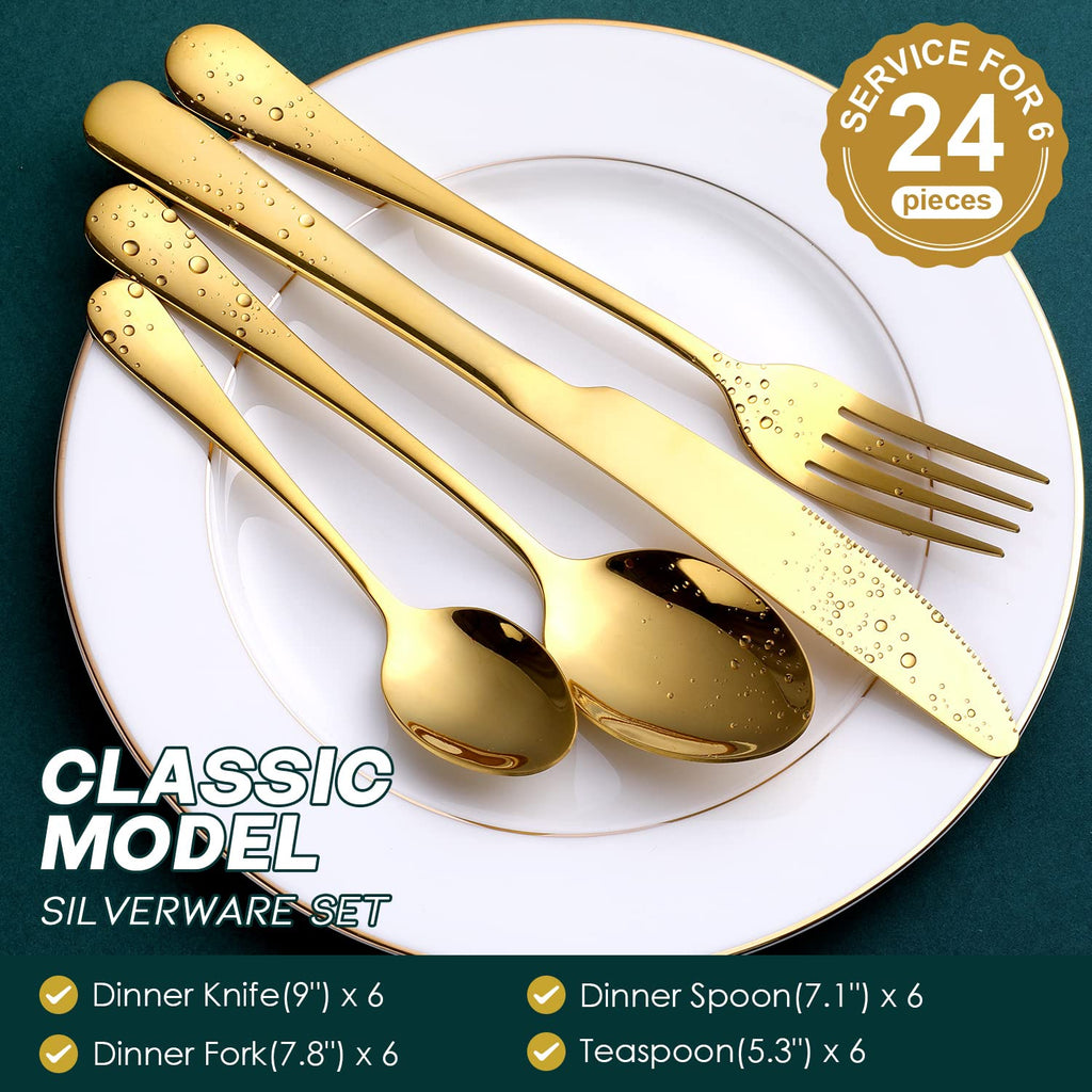 Gold Silverware Set, 24-Piece Food Grade Stainless Steel Gold Flatware Set, Kitchen Utensil Set Service for 6, Mirror
