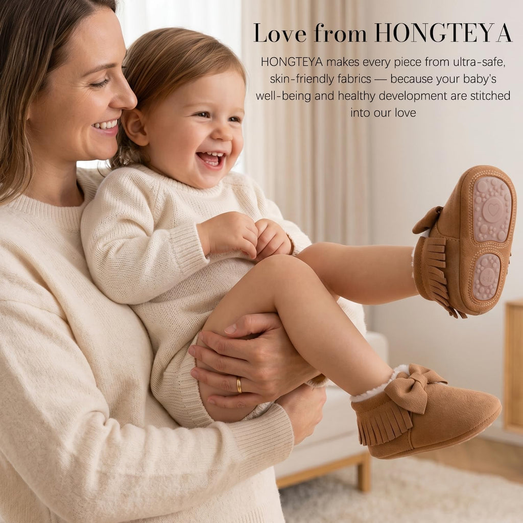 Baby Moccasins with Fur Fleece Rubber Soles Warm Snow Boots Leather Baby Shoes for Boys Girls