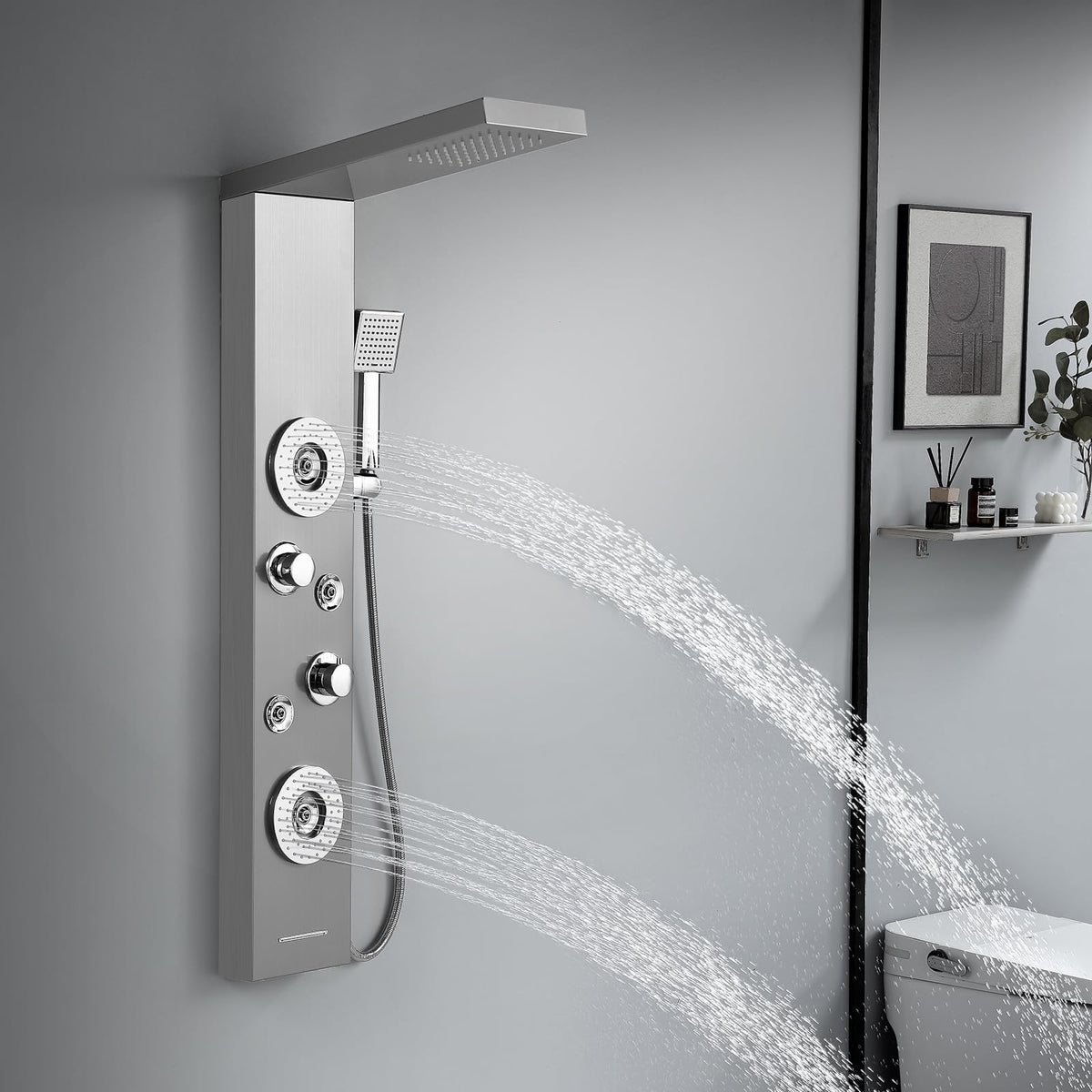 5 in 1 Rainfall Shower Panel Tower with Tub Spout, Brushed Finish